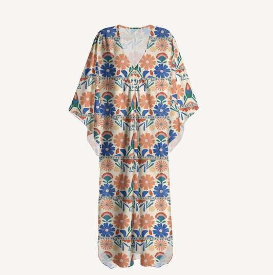 V‑Neck Bohemian Folk Floral Stripe Kimono Sleeve Kaftan Dress