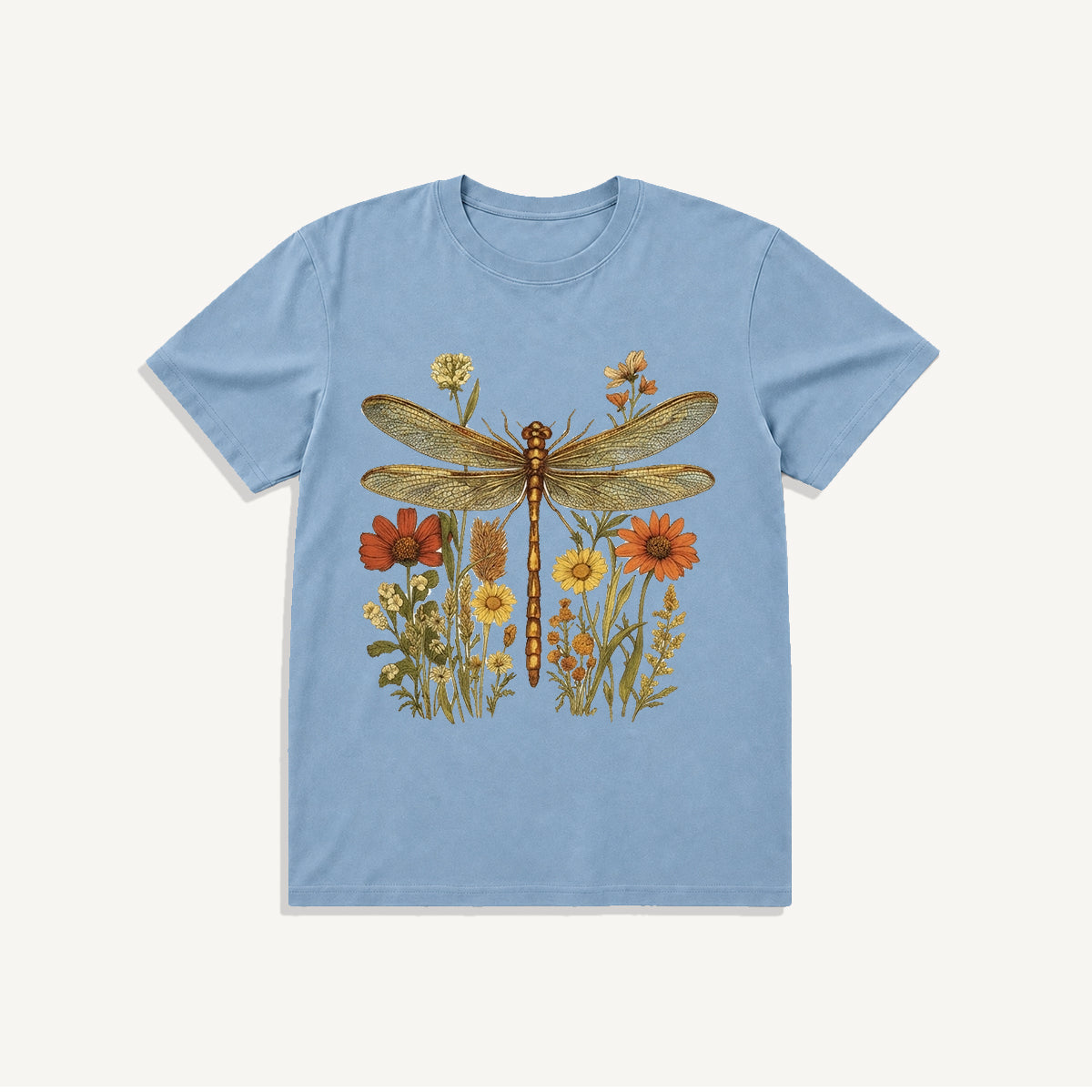 Vintage Dragonfly Blooms Print Crew Neck Cotton Tee