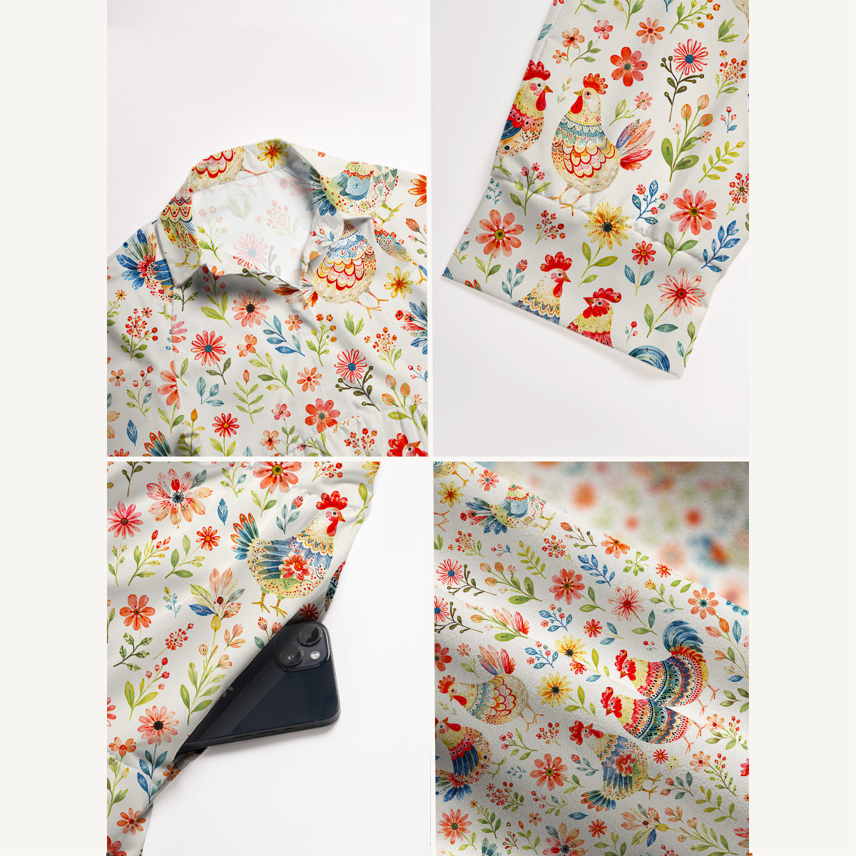 V Neck Collared Country Rooster Garden Print Casual Midi Dress With Pockets