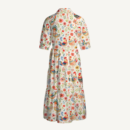 V Neck Collared Country Rooster Garden Print Casual Midi Dress With Pockets