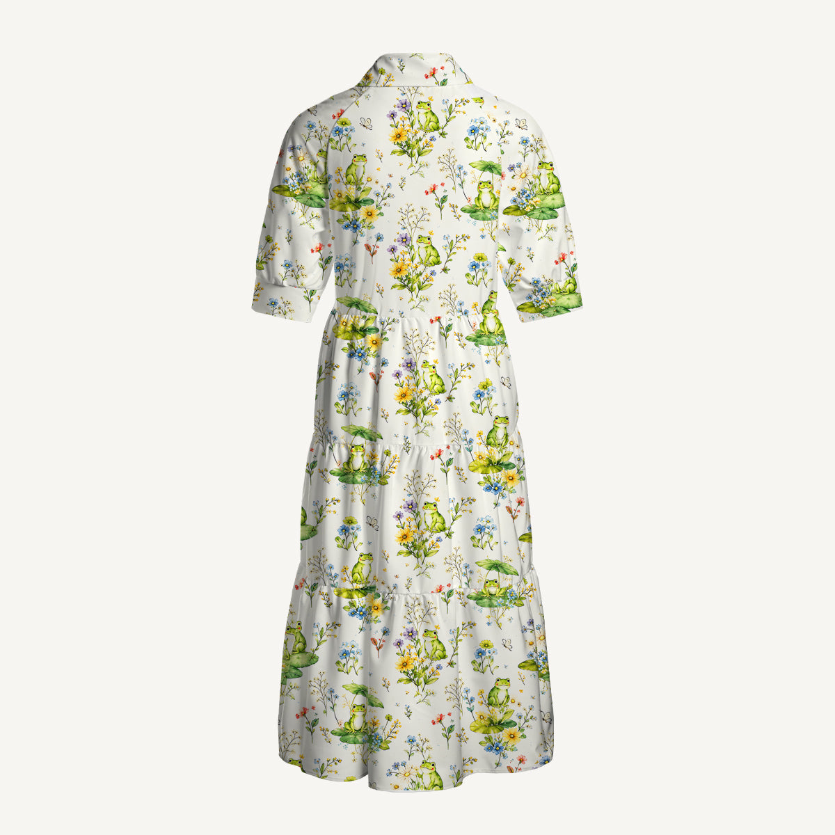 V Neck Collared Pond Frog Garden Print Casual Midi Dress With Pockets