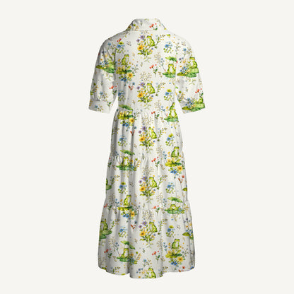 V Neck Collared Pond Frog Garden Print Casual Midi Dress With Pockets