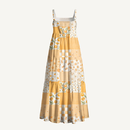Lemon Sunshine Patchwork Print Wide Straps Maxi Dress With Pockets