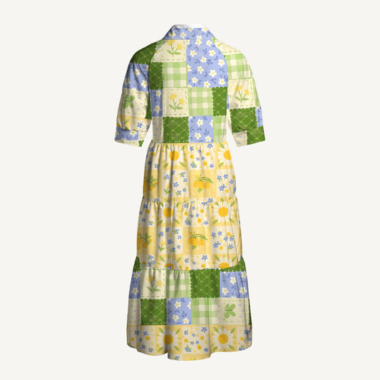V Neck Collared Pastoral Gingham Patchwork Print Quilt Print Casual Midi Dress With Pockets