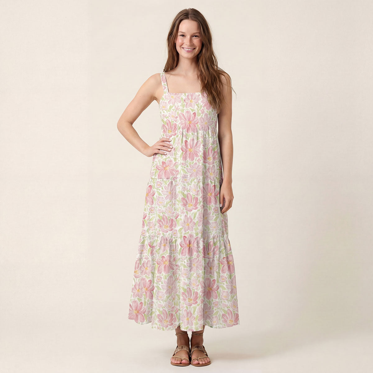 Square Neck Cosmos Flower Print Wide Straps Maxi Dress With Pockets