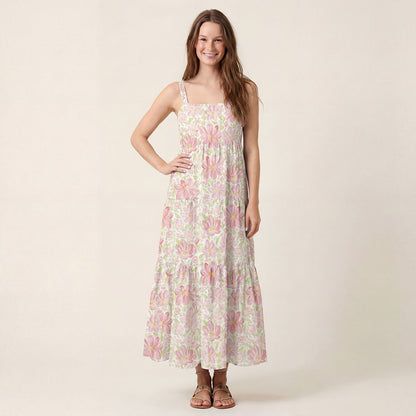 Square Neck Cosmos Flower Print Wide Straps Maxi Dress With Pockets