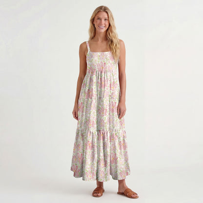 Square Neck Cosmos Flower Print Wide Straps Maxi Dress With Pockets
