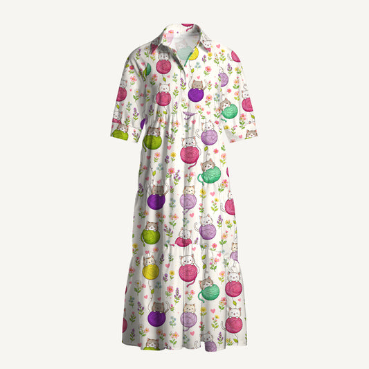 V Neck Collared Cat Yarn Ball Print Casual Midi Dress With Pockets
