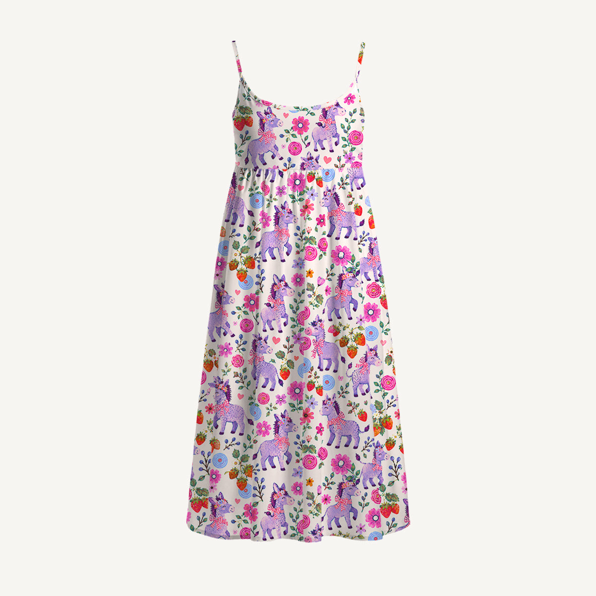 Strawberry Blossom Donkeys Print Spaghetti Strap Mini Dress