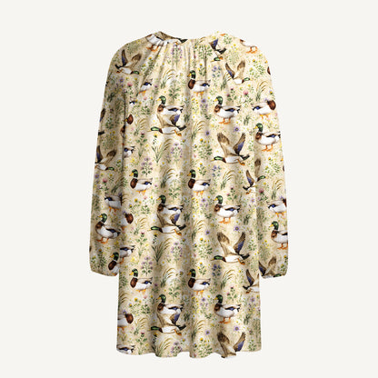 Watercolor Mallard Ducks Print Boho Long Sleeve Tie‑Neck Smock Mini Dress