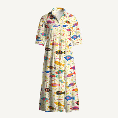 V Neck Collared Boho Colorful Fish Print Casual Midi Dress With Pockets
