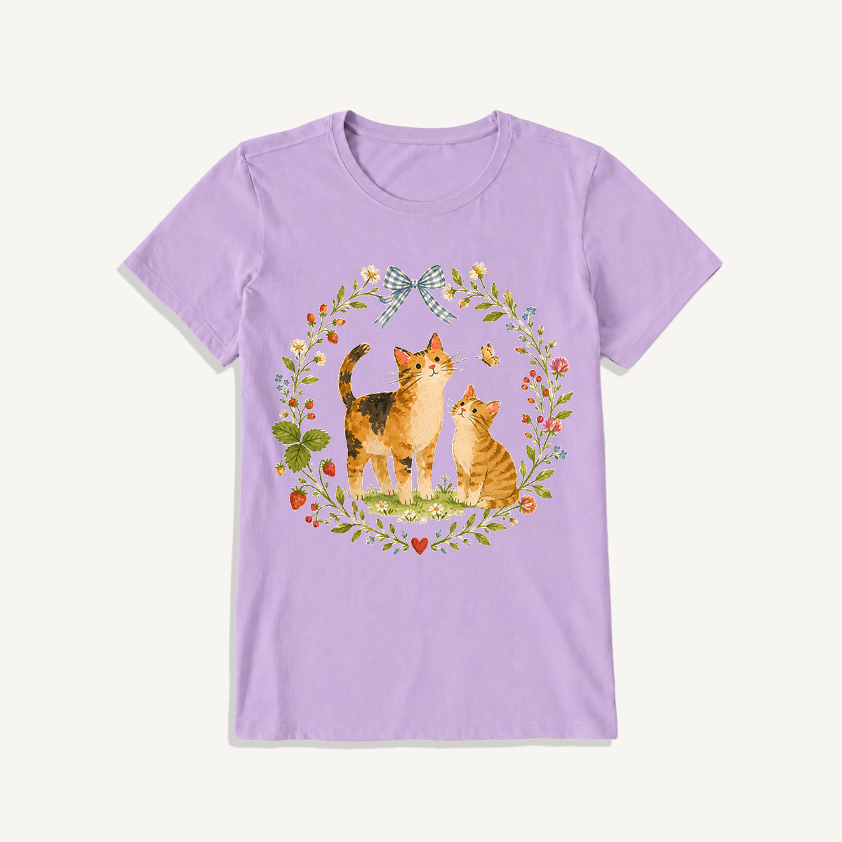 Strawberry Garden Cats Print Crew Neck Cotton Tee