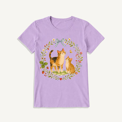 Strawberry Garden Cats Print Crew Neck Cotton Tee