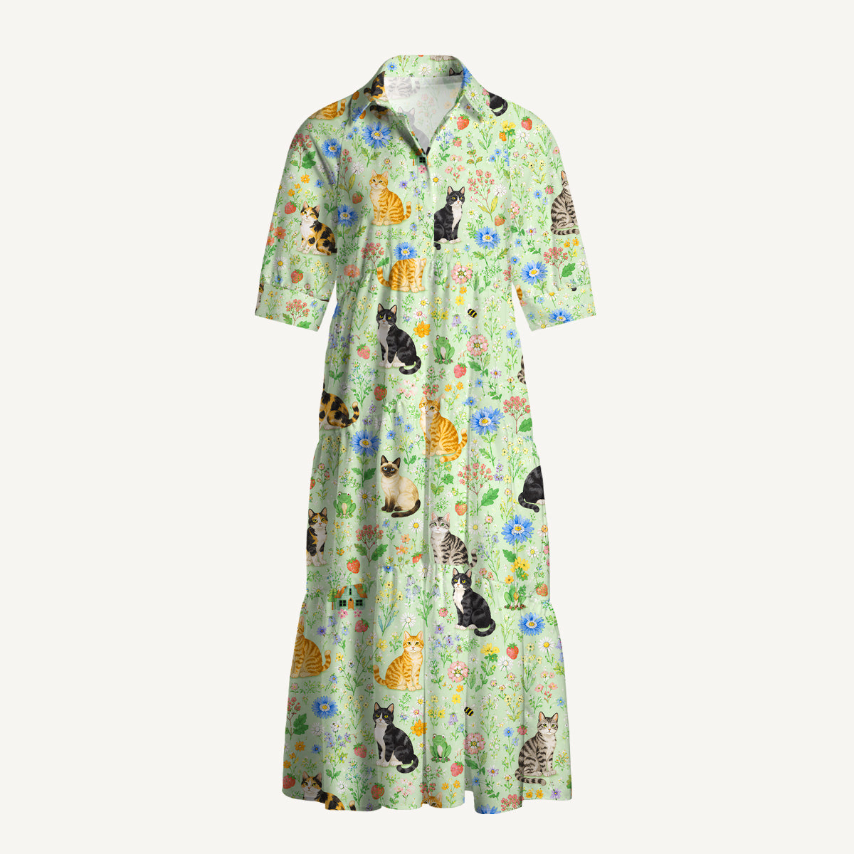 V Neck Collared Floral Cats Parade Print Casual Midi Dress With Pockets