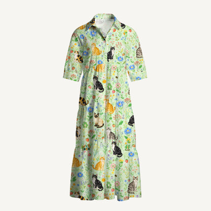 V Neck Collared Floral Cats Parade Print Casual Midi Dress With Pockets