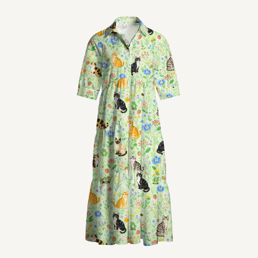 V Neck Collared Floral Cats Parade Print Casual Midi Dress With Pockets
