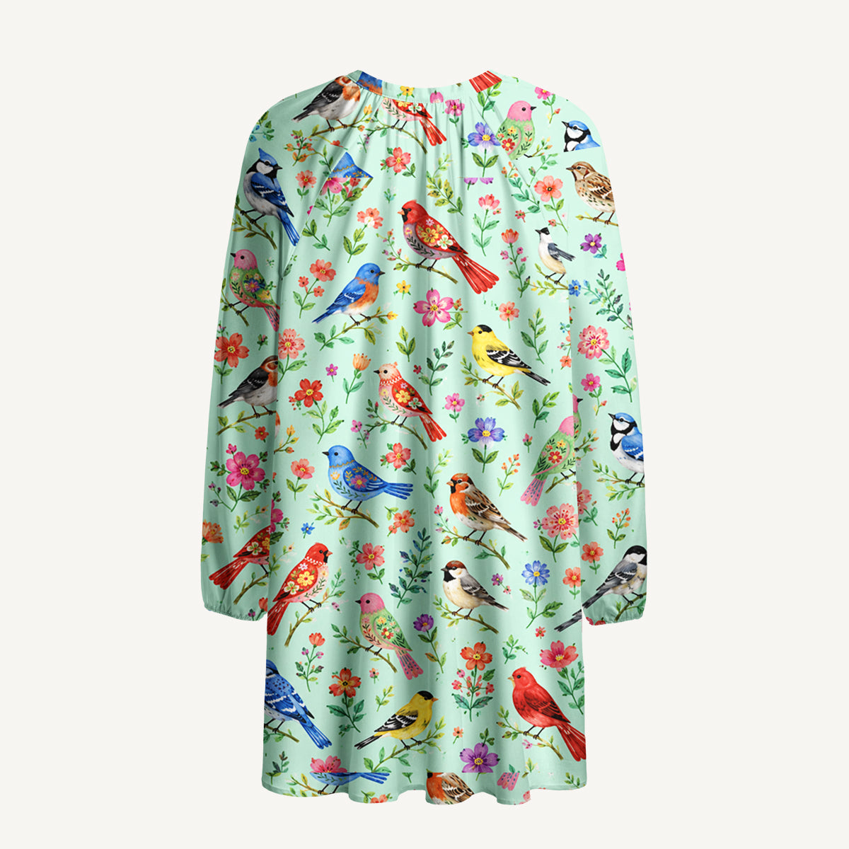Colorful Songbird Garden Print Boho Tie‑Neck Smock Mini Dress