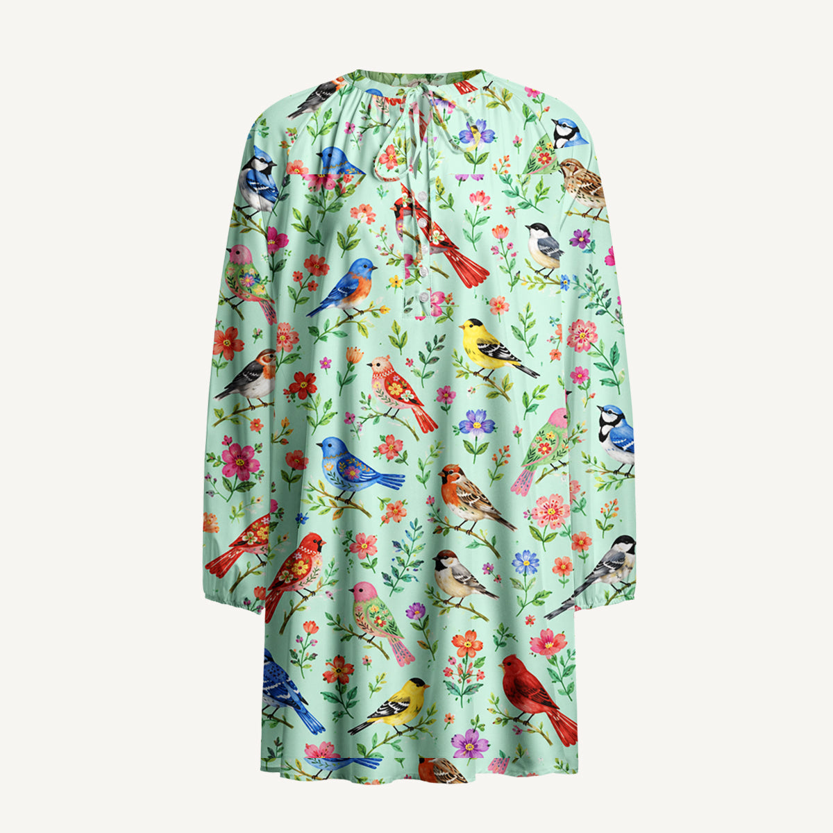 Colorful Songbird Garden Print Boho Tie‑Neck Smock Mini Dress
