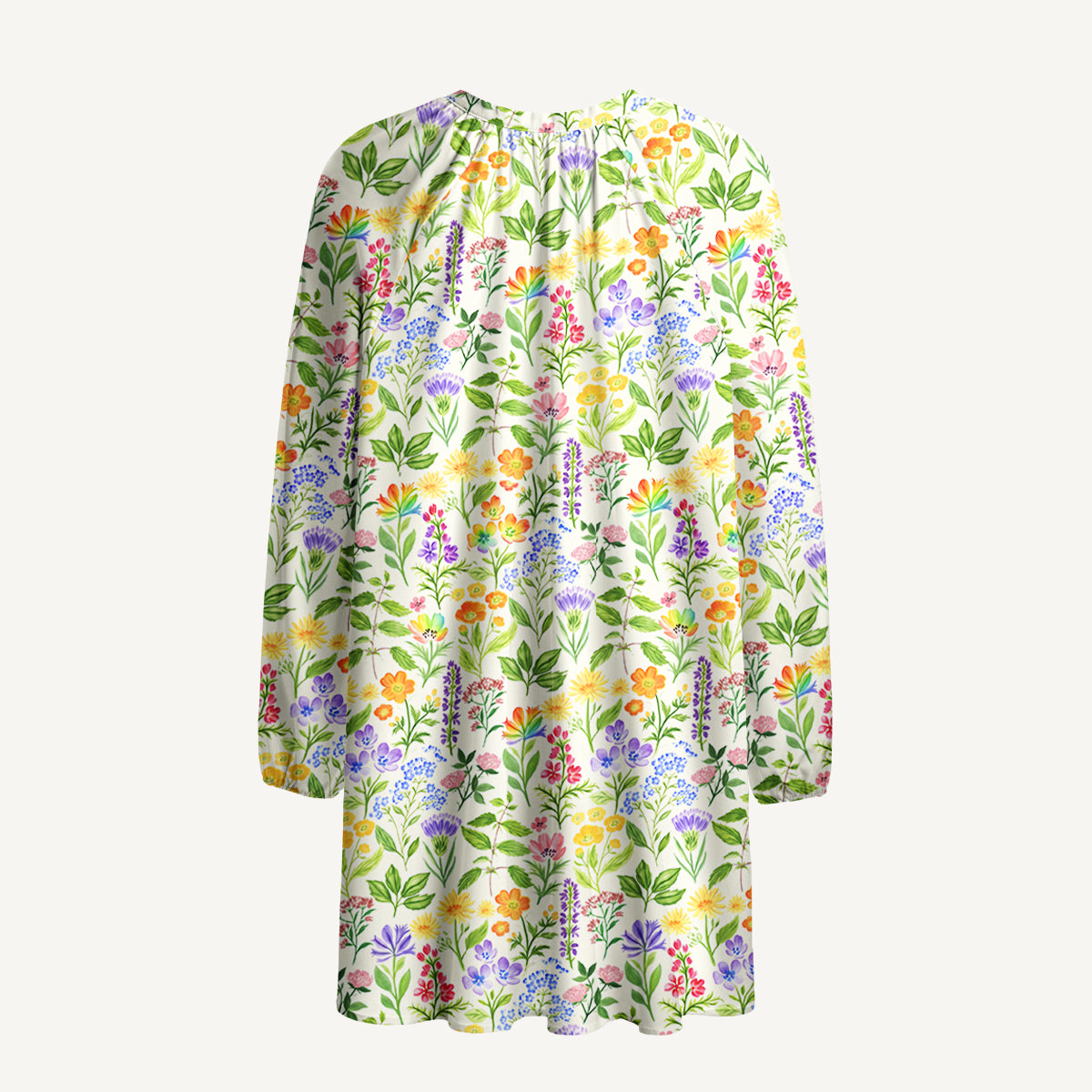 Colorful Wildflower Meadow Print Boho Long Sleeve Tie‑Neck Smock Mini Dress