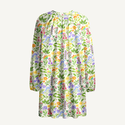 Colorful Wildflower Meadow Print Boho Long Sleeve Tie‑Neck Smock Mini Dress
