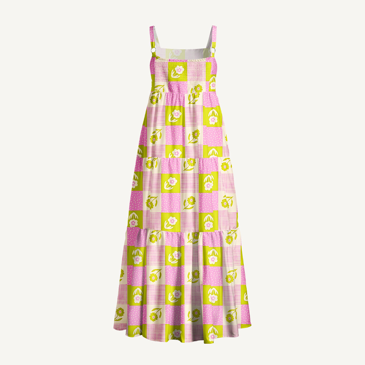 Spring Picnic Patchwork Print Wide Straps Maxi Dress With Pockets