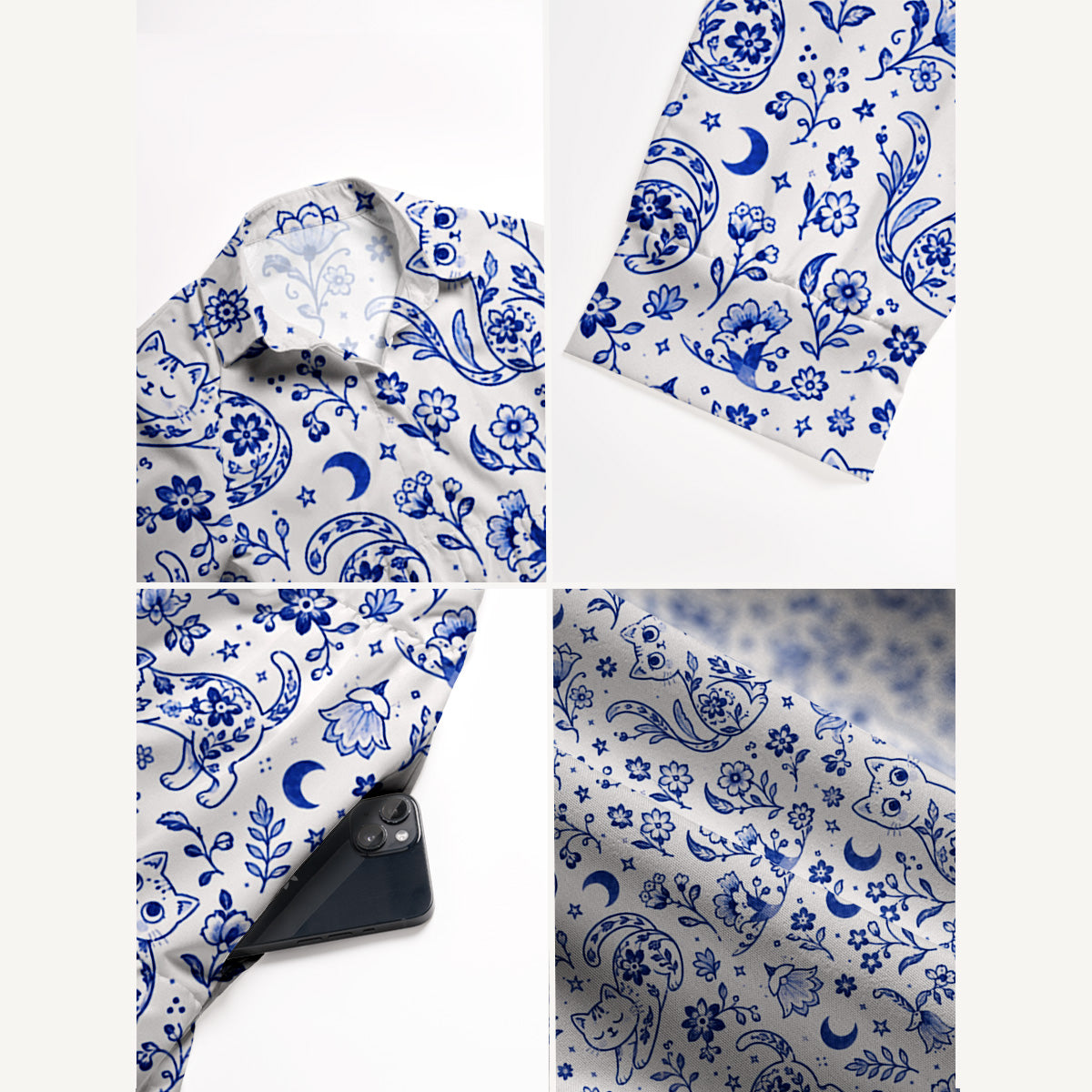 V Neck Collared Delft Blue Bloom Cat Dream Print Casual Midi Dress With Pockets