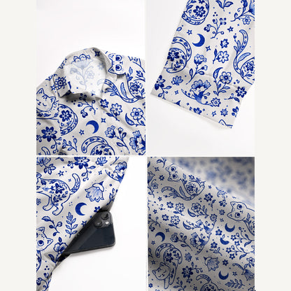 V Neck Collared Delft Blue Bloom Cat Dream Print Casual Midi Dress With Pockets