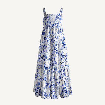Delft Blue Moonlit Garden Cats Print Wide Straps Maxi Dress With Pockets