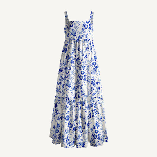 Delft Blue Moonlit Garden Cats Print Wide Straps Maxi Dress With Pockets