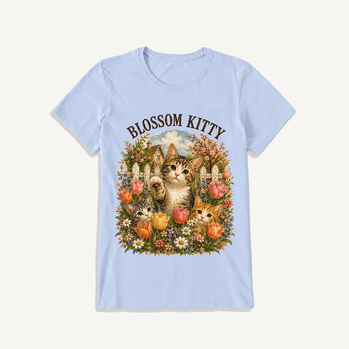 Blossom Kitty Cottage Print Crew Neck Cotton Tee