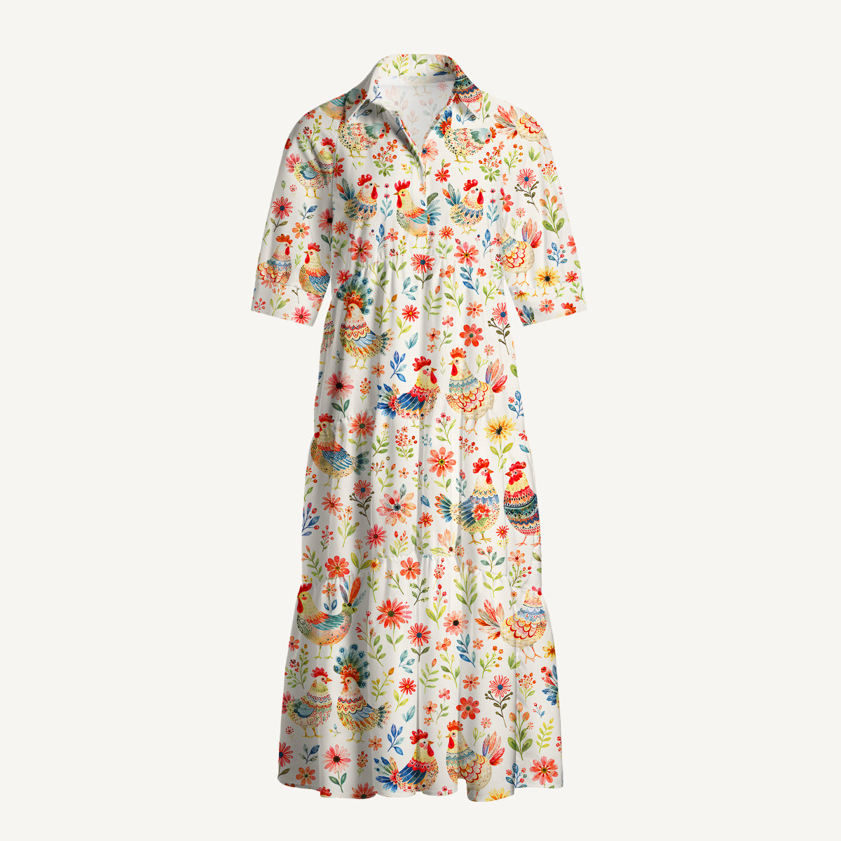 V Neck Collared Country Rooster Garden Print Casual Midi Dress With Pockets