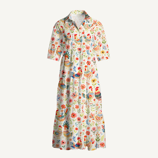 V Neck Collared Country Rooster Garden Print Casual Midi Dress With Pockets