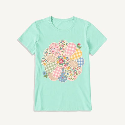 Cottage Patchwork Bloom Print Crew Neck Cotton Tee