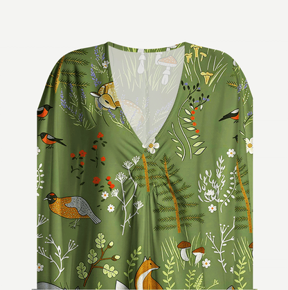 Whimsical Woodland Animals Kimono Sleeve Kaftan Dress