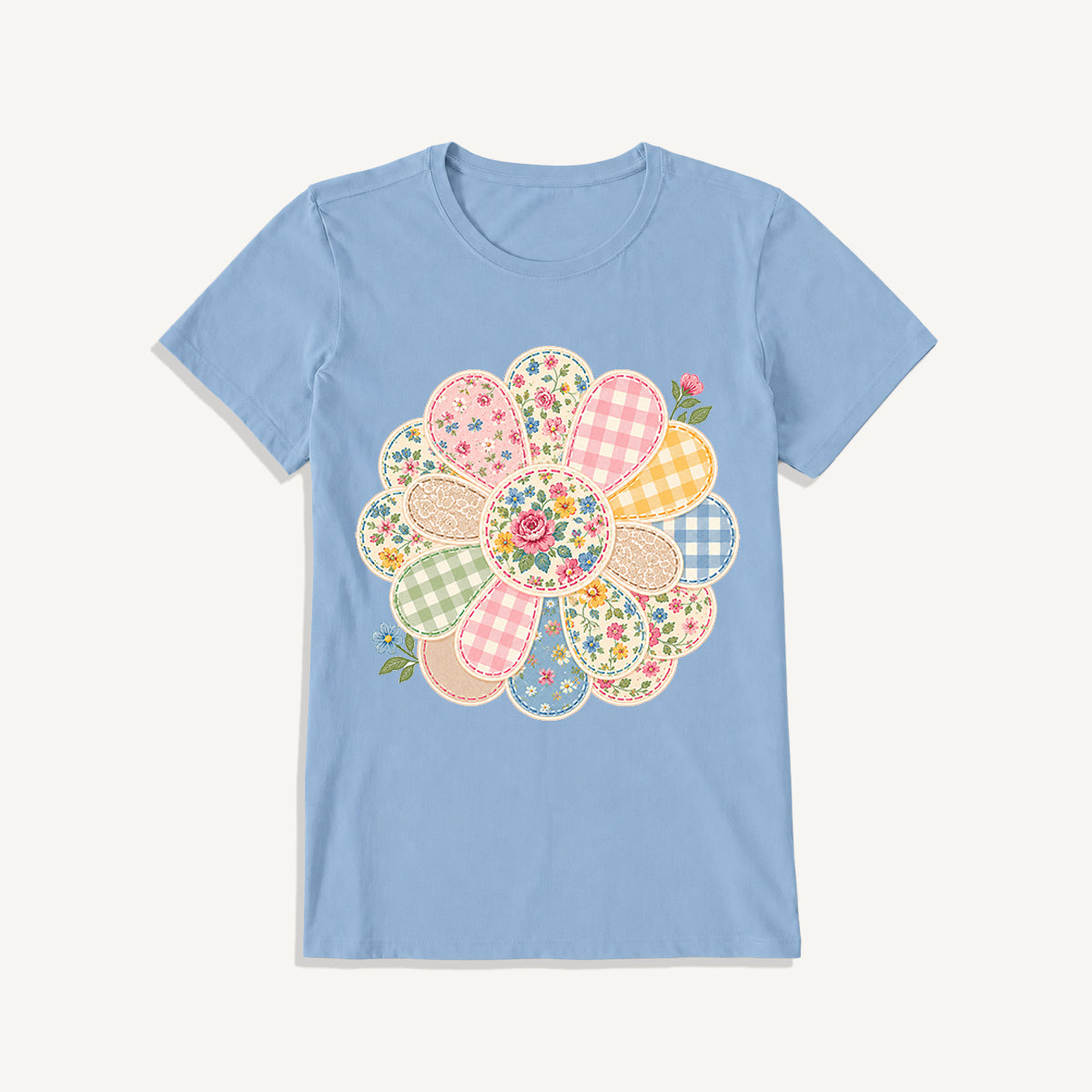 Cottage Patchwork Bloom Print Crew Neck Cotton Tee
