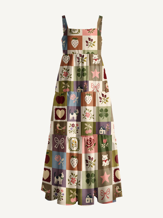 Cottage Friends Patchwork Print Wide Straps Maxi Dress With Pockets