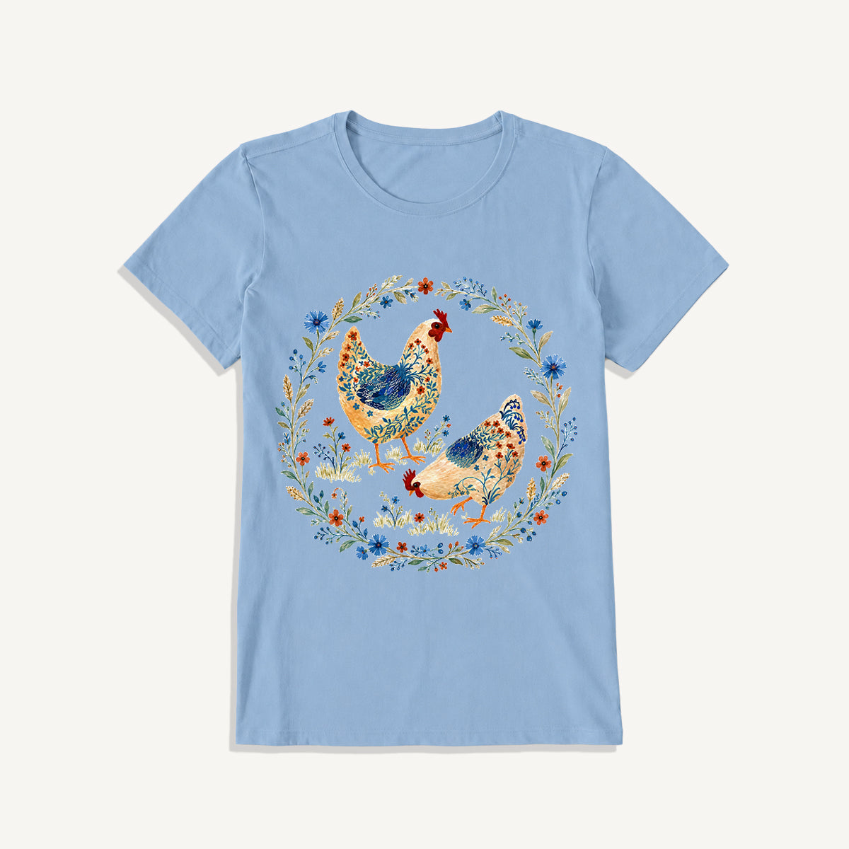 Blue Floral Hens Garden Print Crew Neck Cotton Tee