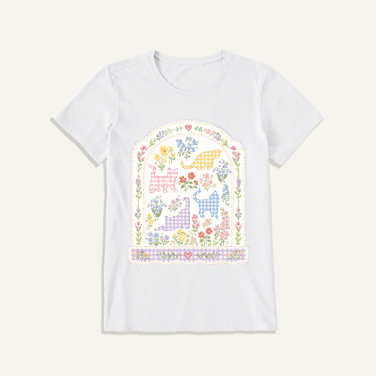 Gingham Cats Arch Frame Print Crew Neck Cotton Tee