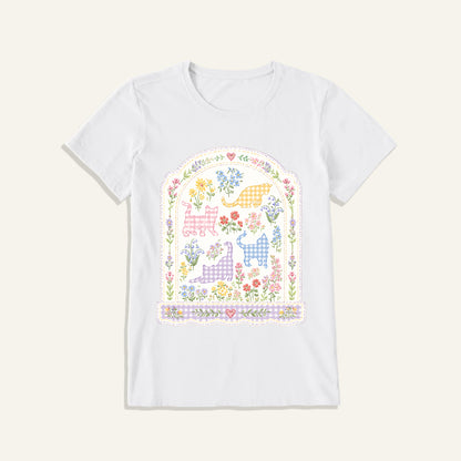 Gingham Cats Arch Frame Print Crew Neck Cotton Tee