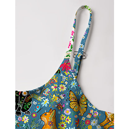 Colorful Garden Cat Spaghetti Strap Mini Dress
