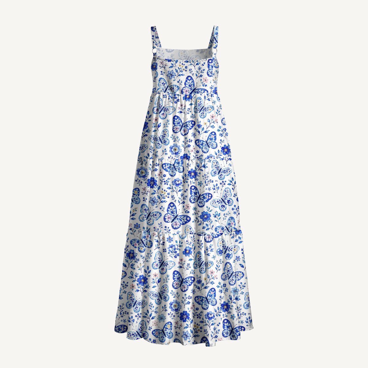 Delft Blue Butterfly Floral Print Wide Straps Maxi Dress With Pockets