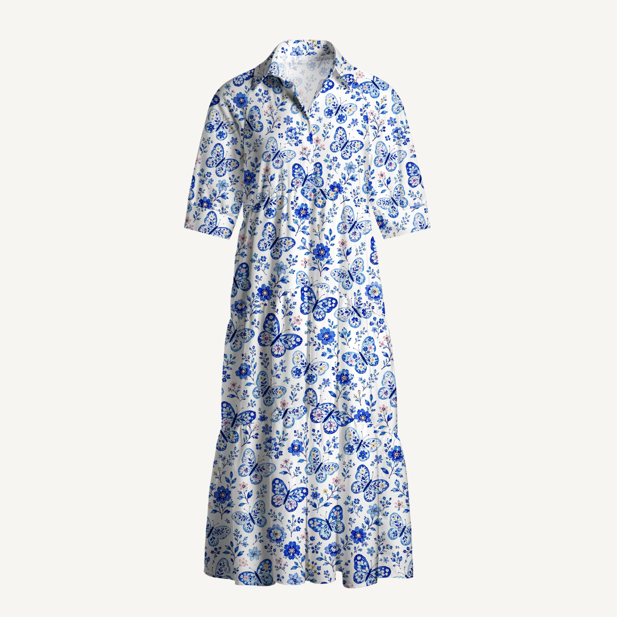 V Neck Collared Delft Blue Butterfly Floral Print Casual Midi Dress With Pockets