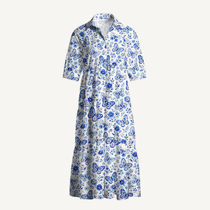 V Neck Collared Delft Blue Butterfly Floral Print Casual Midi Dress With Pockets