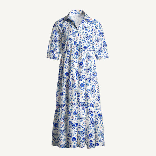 V Neck Collared Delft Blue Butterfly Floral Print Casual Midi Dress With Pockets