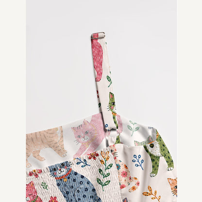 Playful Cats Floral Print Wide Straps Maxi Dress With Pockets