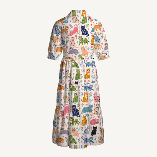 V Neck Collared Playful Cats Floral Print Casual Midi Dress With Pockets