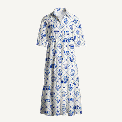 V Neck Collared Country Delft Blue Patchwork Print Casual Midi Dress With Pockets