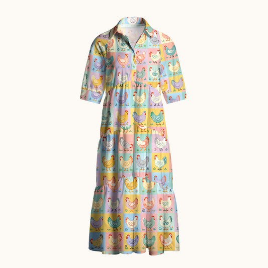 V Neck Collared Pop Chicken Print Casual Midi Dress With Pockets
