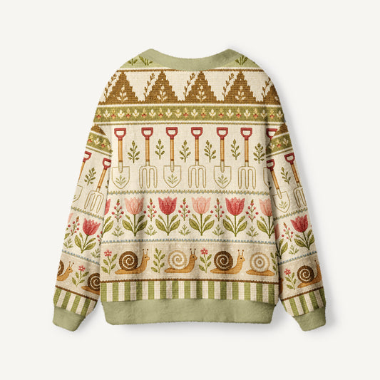 Garden Tales Snail & Tulip Print Ugly Cardigan Sweaters