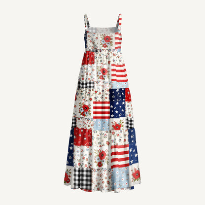 Flower Americana Patchwork Print Wide Straps Maxi Dress With Pockets